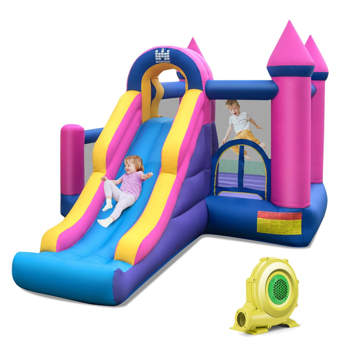 Casa de rebote inflable 7 en 1 para niños con tobogán largo y soplador de 735 W