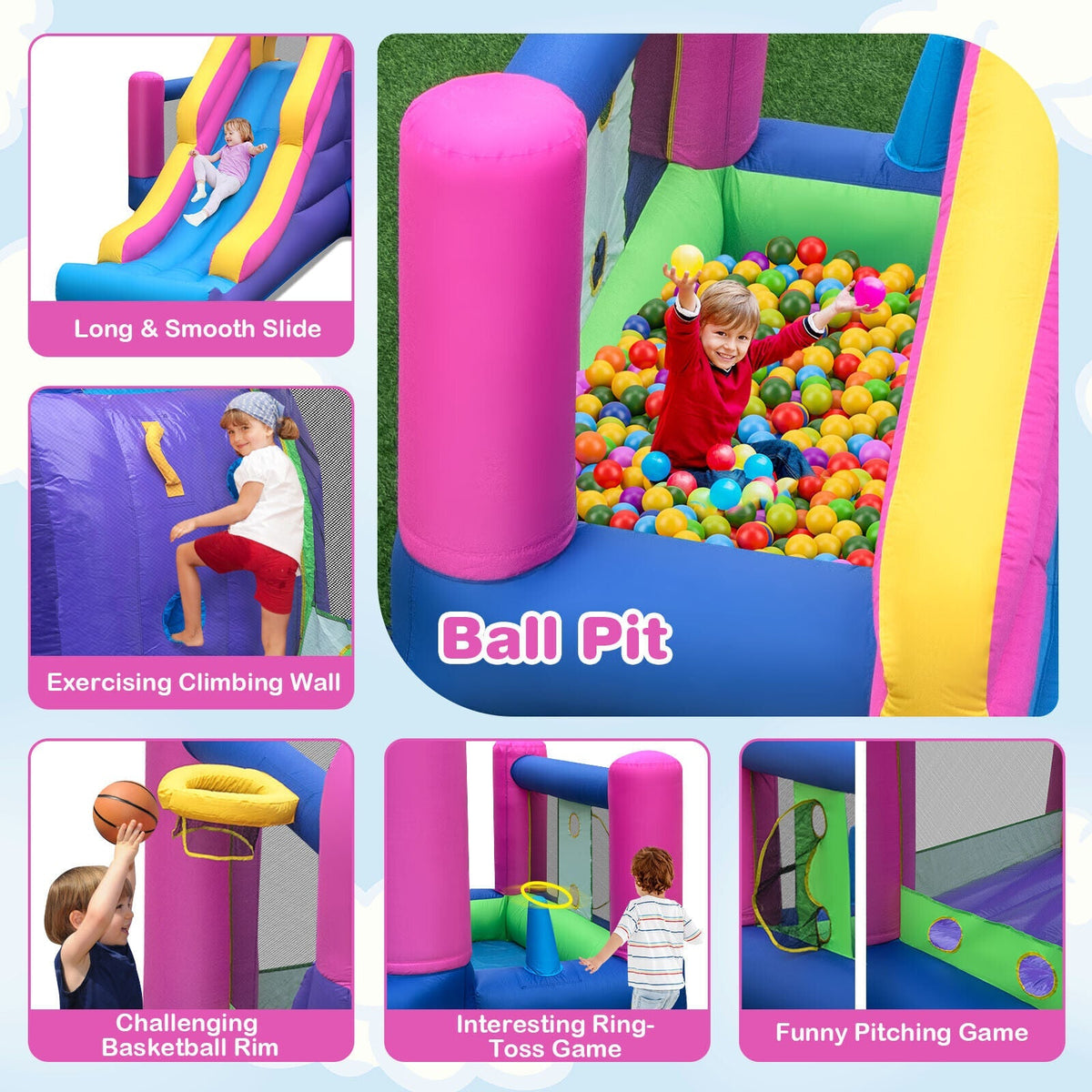Casa de rebote inflable 7 en 1 para niños con tobogán largo y soplador de 735 W