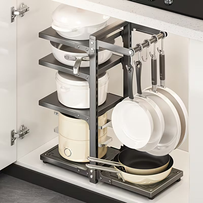 5-Tier Adjustable Carbon Steel Pot and Utensil Storage Rack with Hooks