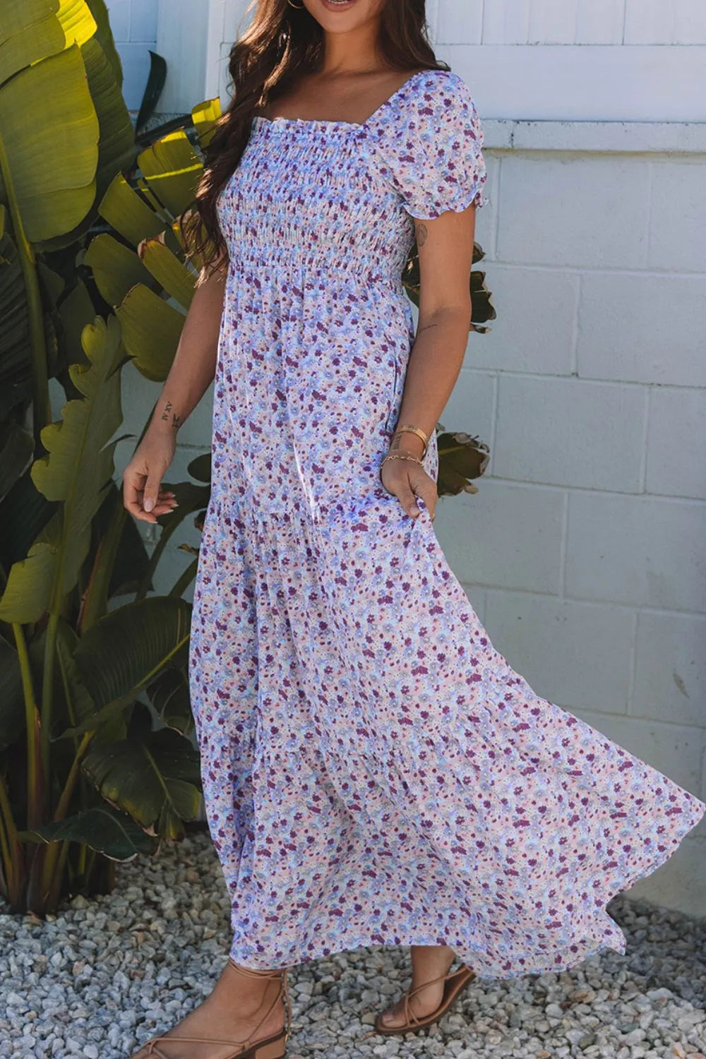 Tiered Floral Shirred High Waist Maxi Dress