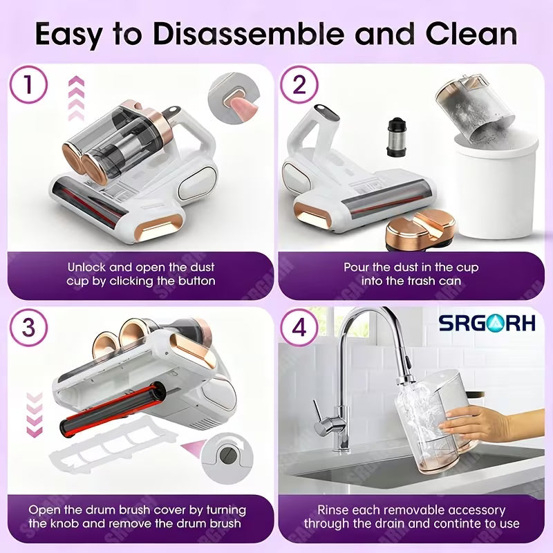 Cordless Mattress Vacuum Cleaner with UV Light and Double Cup