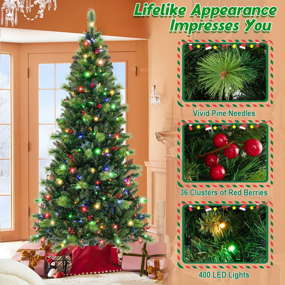 6/7/8 Feet Pre-Lit Artificial Christmas Tree with 300/400/500 LED Lights