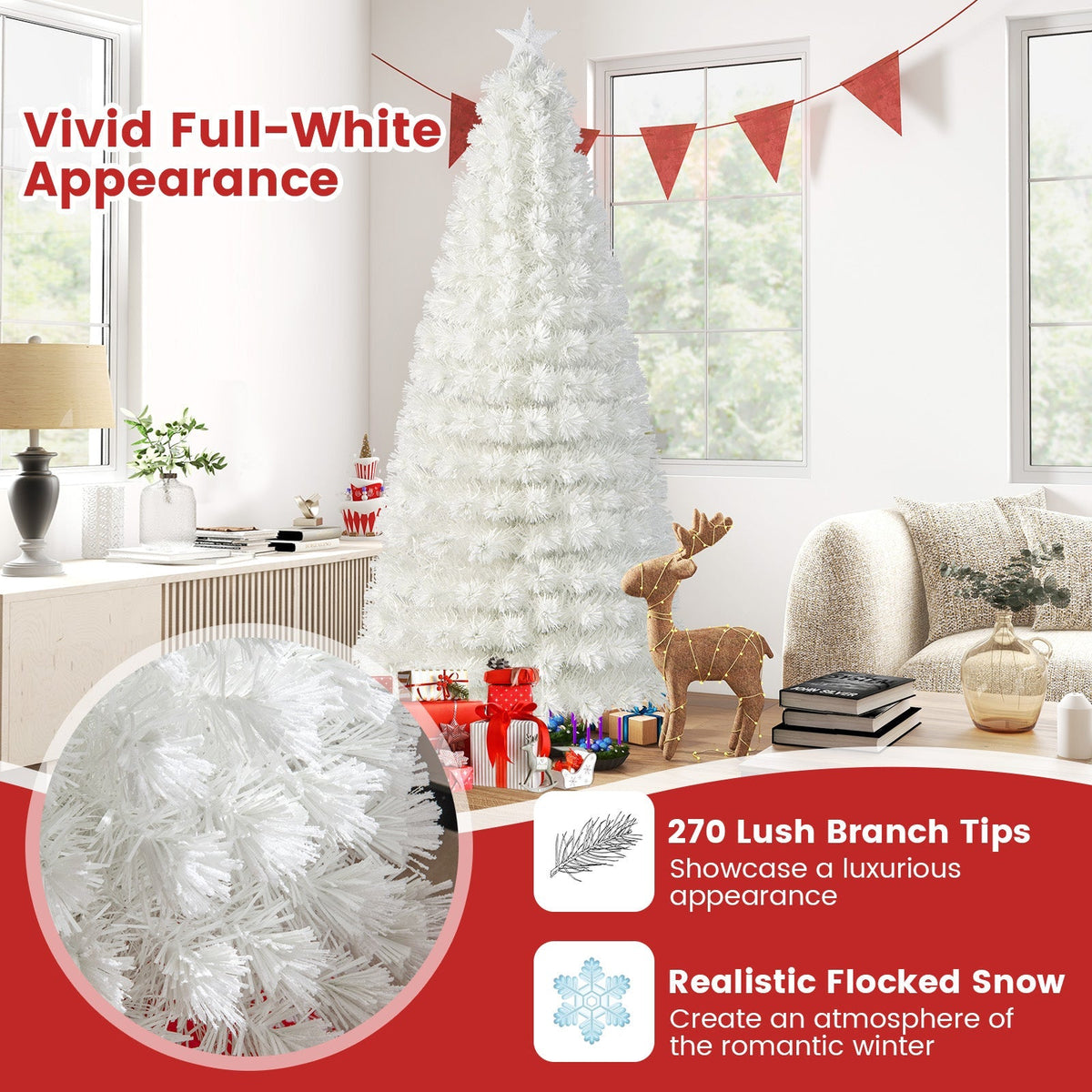 6/7 Feet Pre-Lit Fiber Optic White Snow-Flocked Artificial Christmas Tree