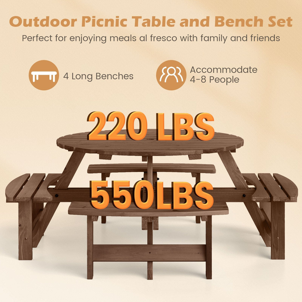 8-Person Round Picnic Table Set Circular Patio Dining Camping Table with Benches