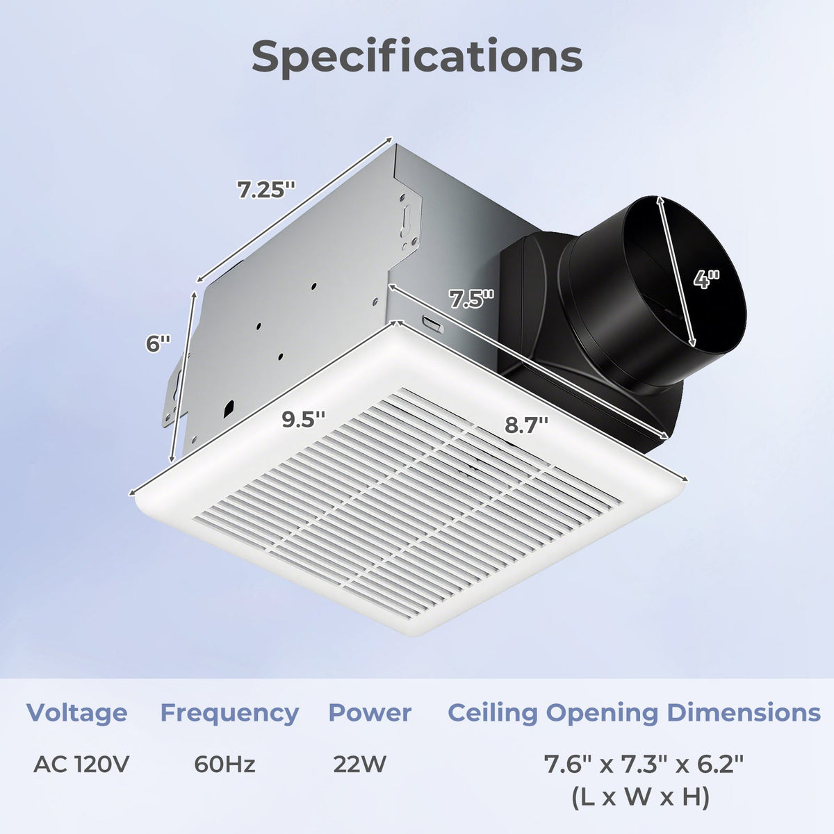 80 CFM Bathroom Exhaust Fan with Metal Housing and 4 Inches Duct