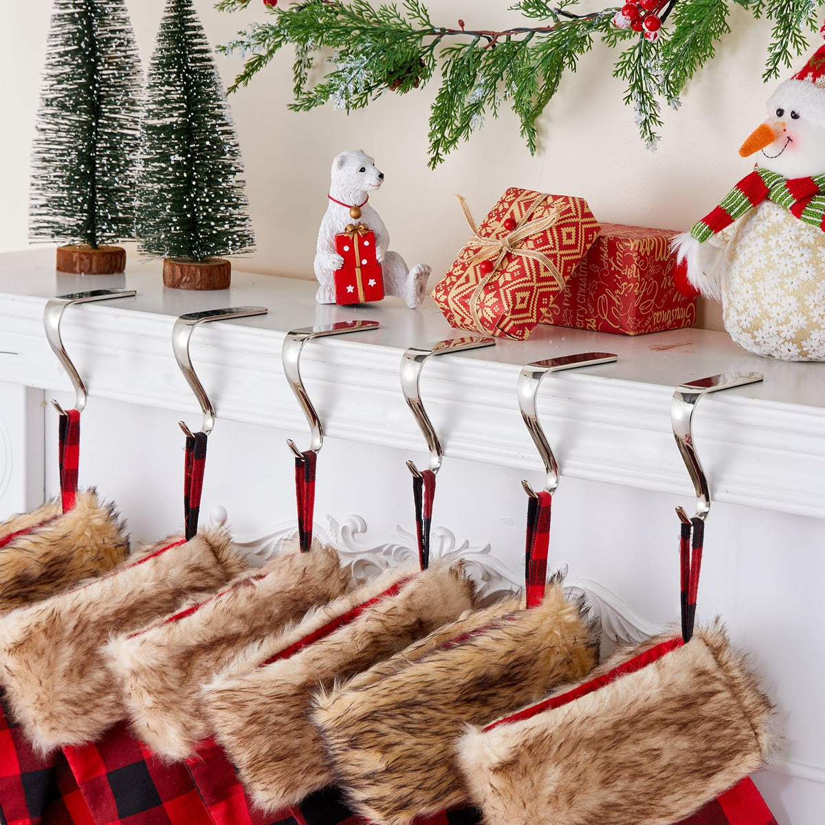 Minetom Christmas Stocking Holders Set of 6 Metal Mantle Hooks Silver