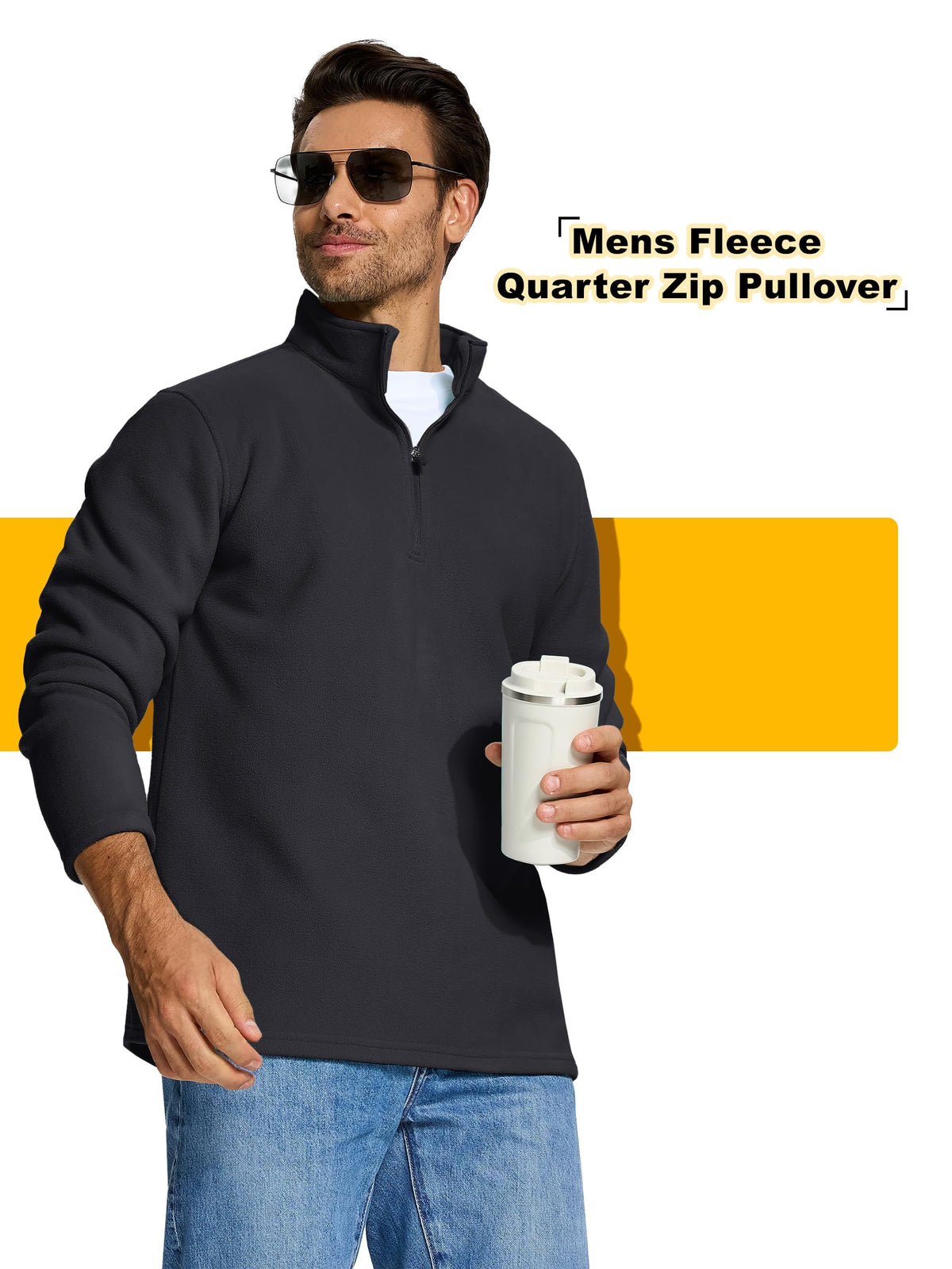 Sudadera de forro polar térmico con cremallera de un cuarto para hombre KEFITEVD, negra, talla M