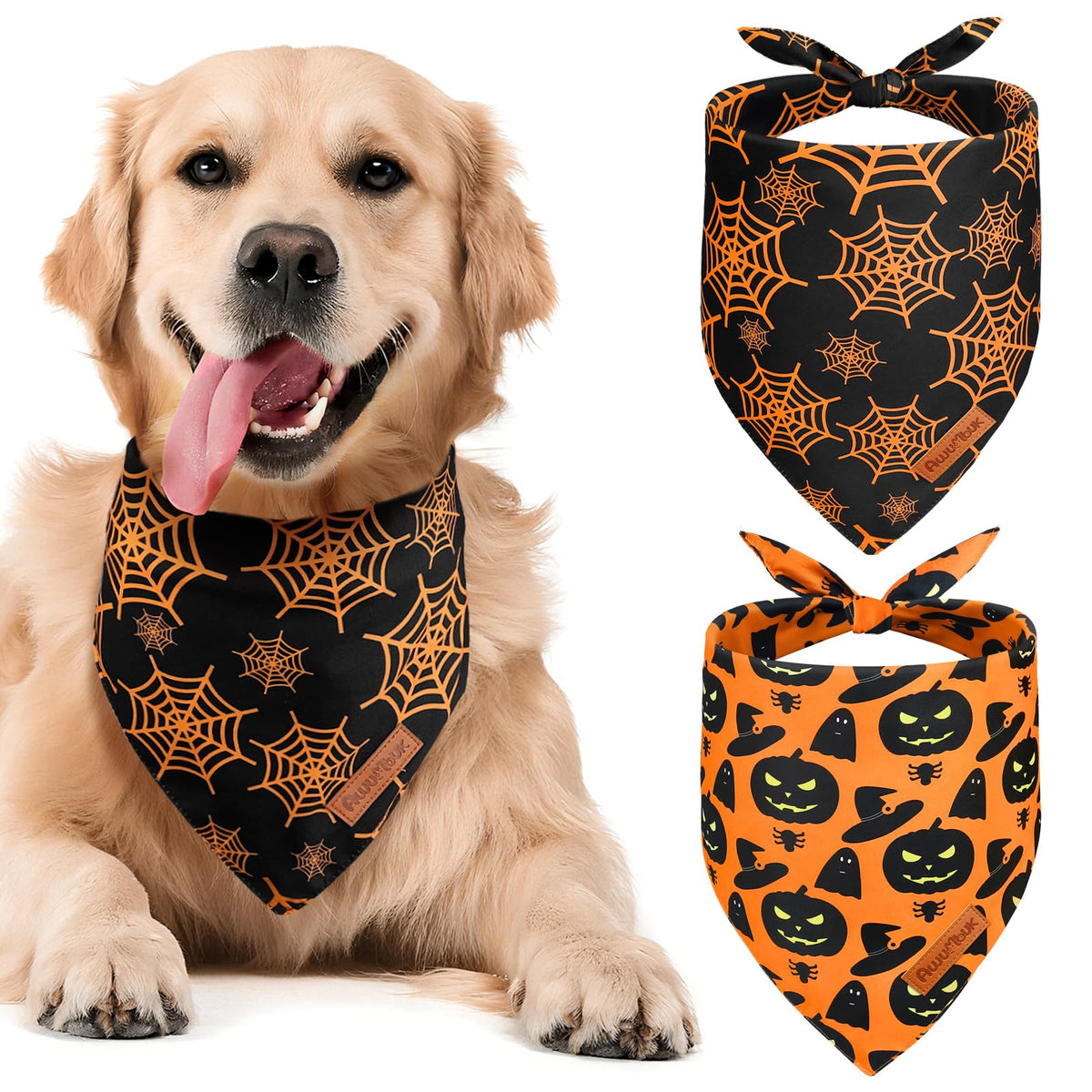 Paquete de 2 bandanas reversibles para perro de Halloween Awumbuk, diseño de calabaza y telaraña, color negro
