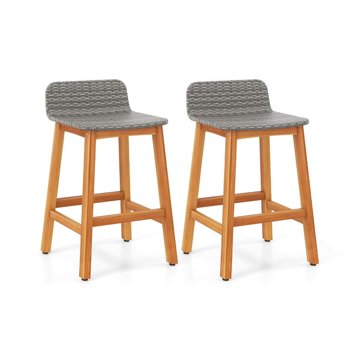 Solid Acacia Wood Bar Stools Set of 2 with Backrests and Footrests for Porch