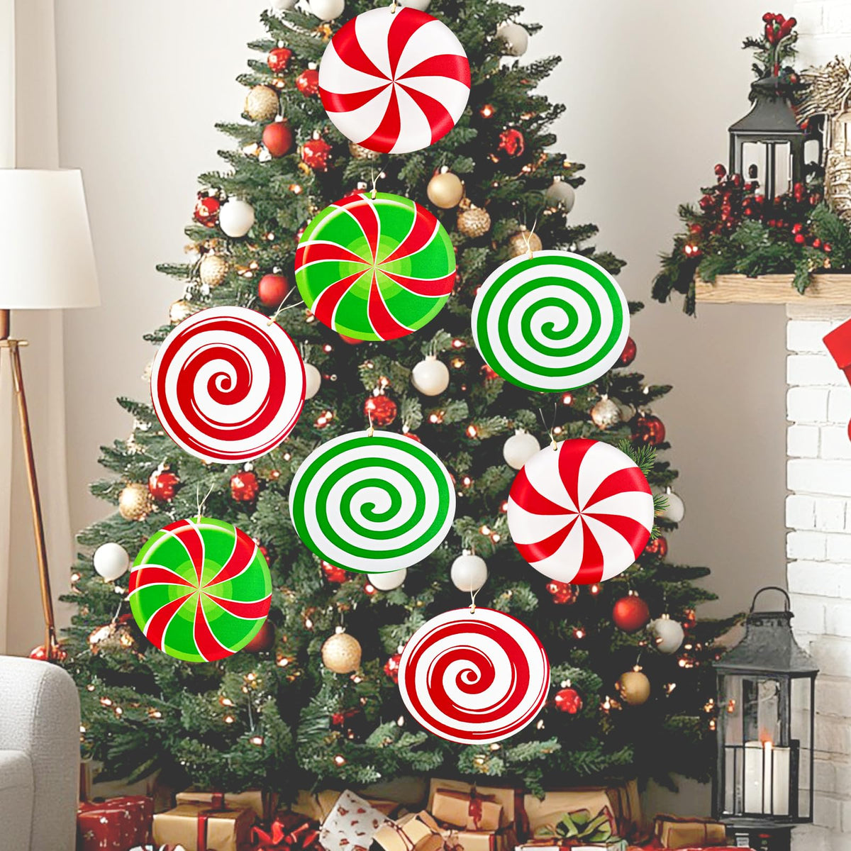 Adornos navideños de madera genéricos con forma de jengibre, grandes, de color rojo y blanco, estilo menta