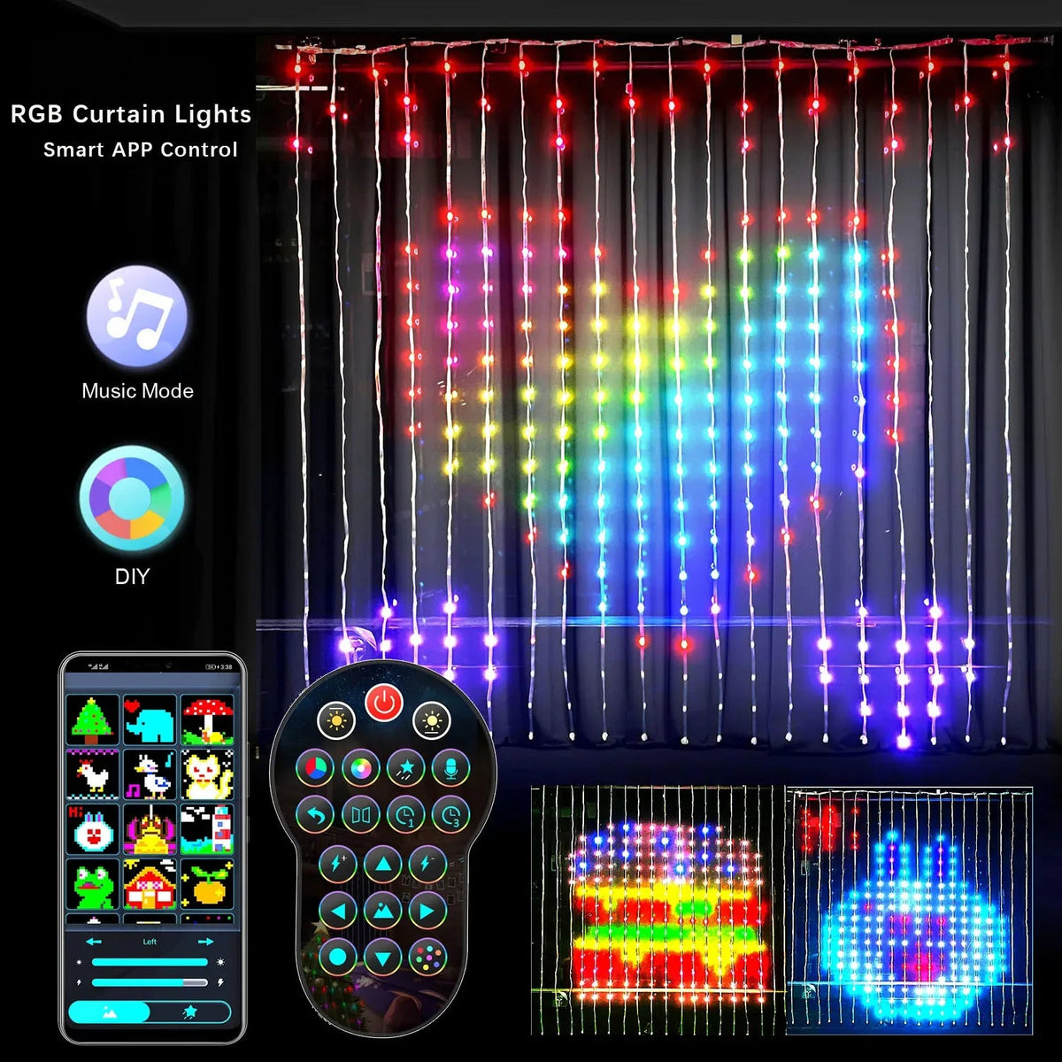 Luces de cortina LED RGB inteligentes, control por aplicación Bluetooth, guirnalda de luces de hadas de Navidad, exhibición de imágenes DIY, decoración para fiestas y bodas