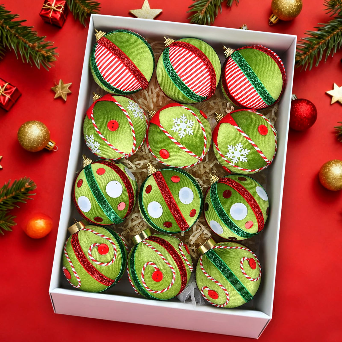 Juego de 12 adornos navideños de terciopelo SUPREME, 80 mm, verde, rojo y blanco