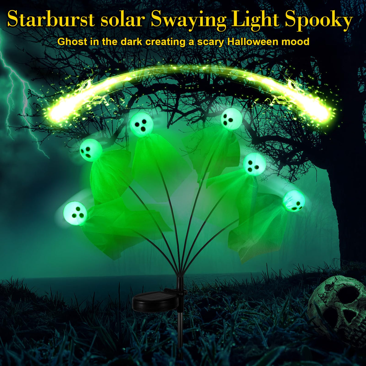 VIHOSE Paquete de 6 luces solares de Halloween para camino, diseño de fantasma, 36 LED, color verde, para exteriores