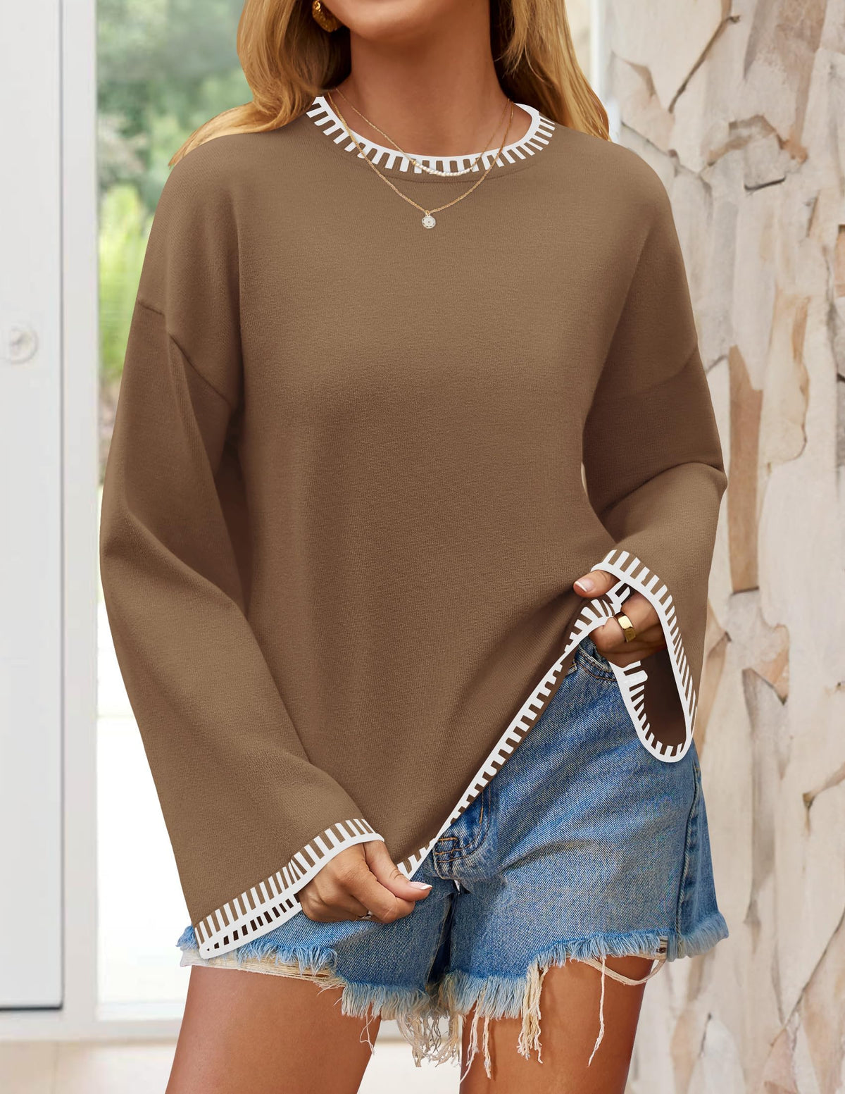 Suéter de punto acanalado de corte amplio ZESICA para mujer, cuello redondo, color marrón, talla S