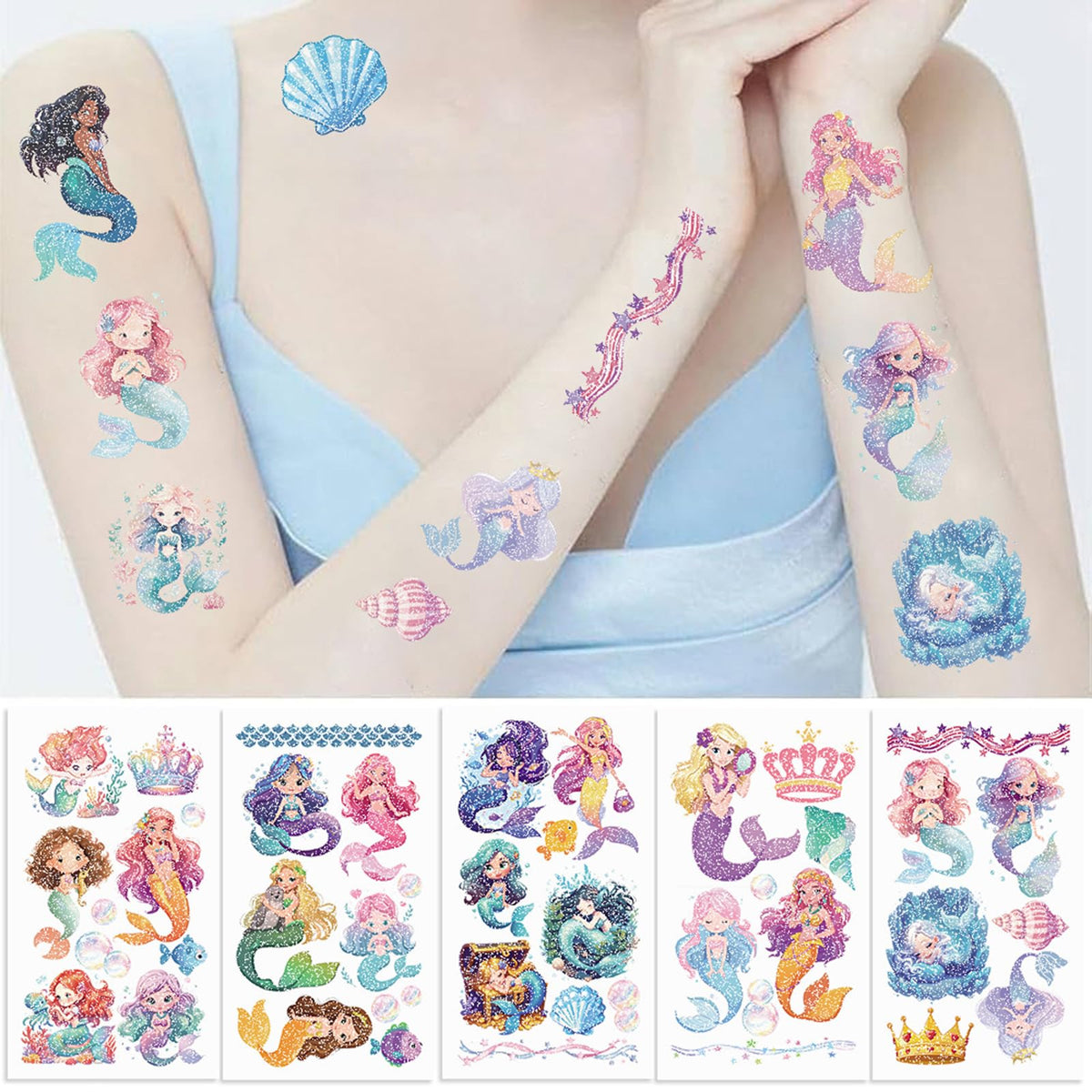 SBOBUY 10 hojas de tatuajes temporales de sirena amarillos para fiestas de cumpleaños