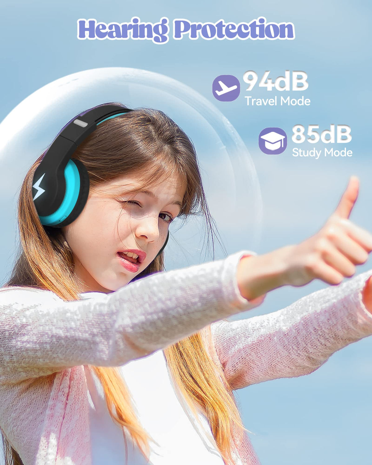 Kids Wireless Headphones with LED Lights and Mic, Volume Limited, Blue