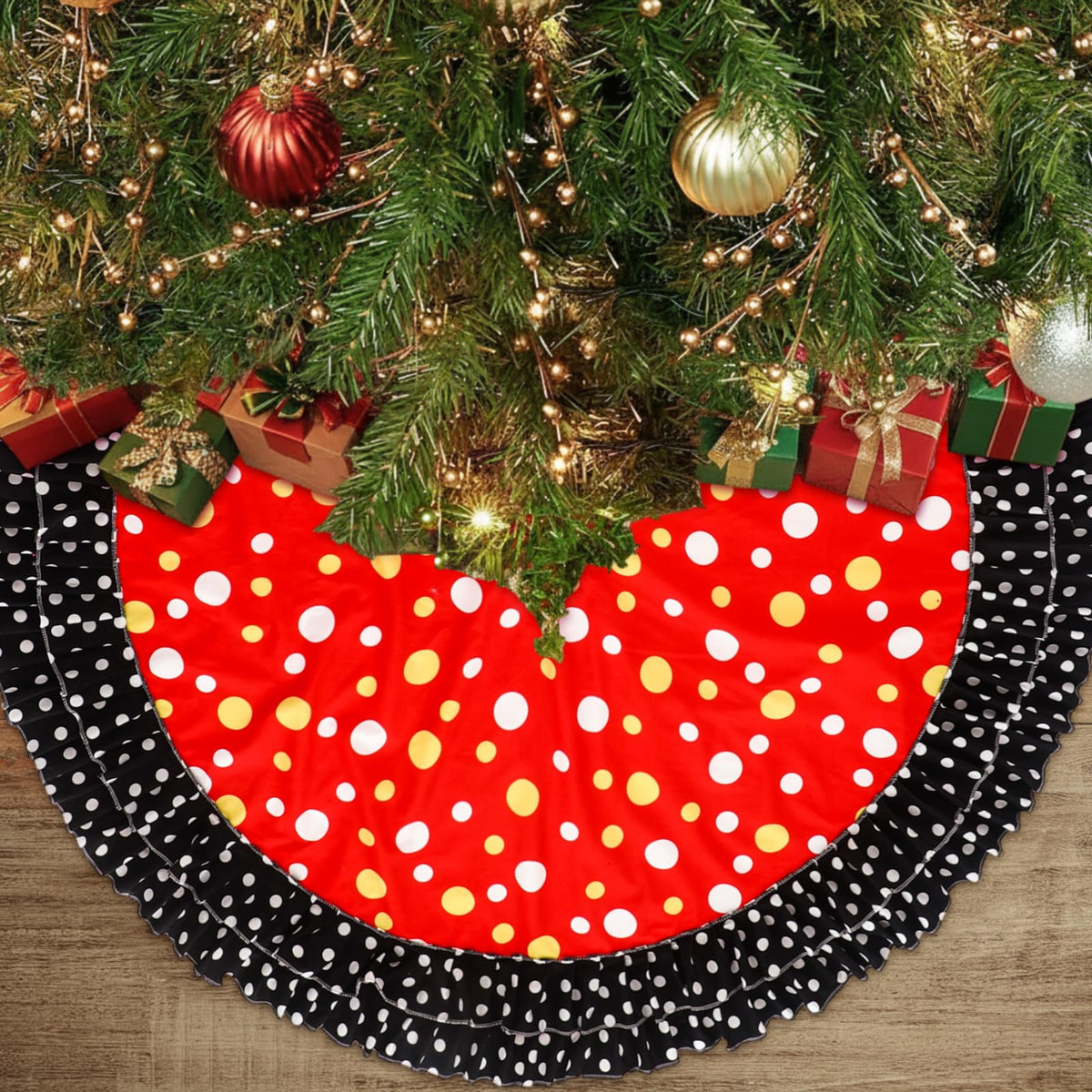 Falda para árbol de Navidad Soulchen de doble capa, color rojo, negro y amarillo con diseño de lunares grandes, 51"