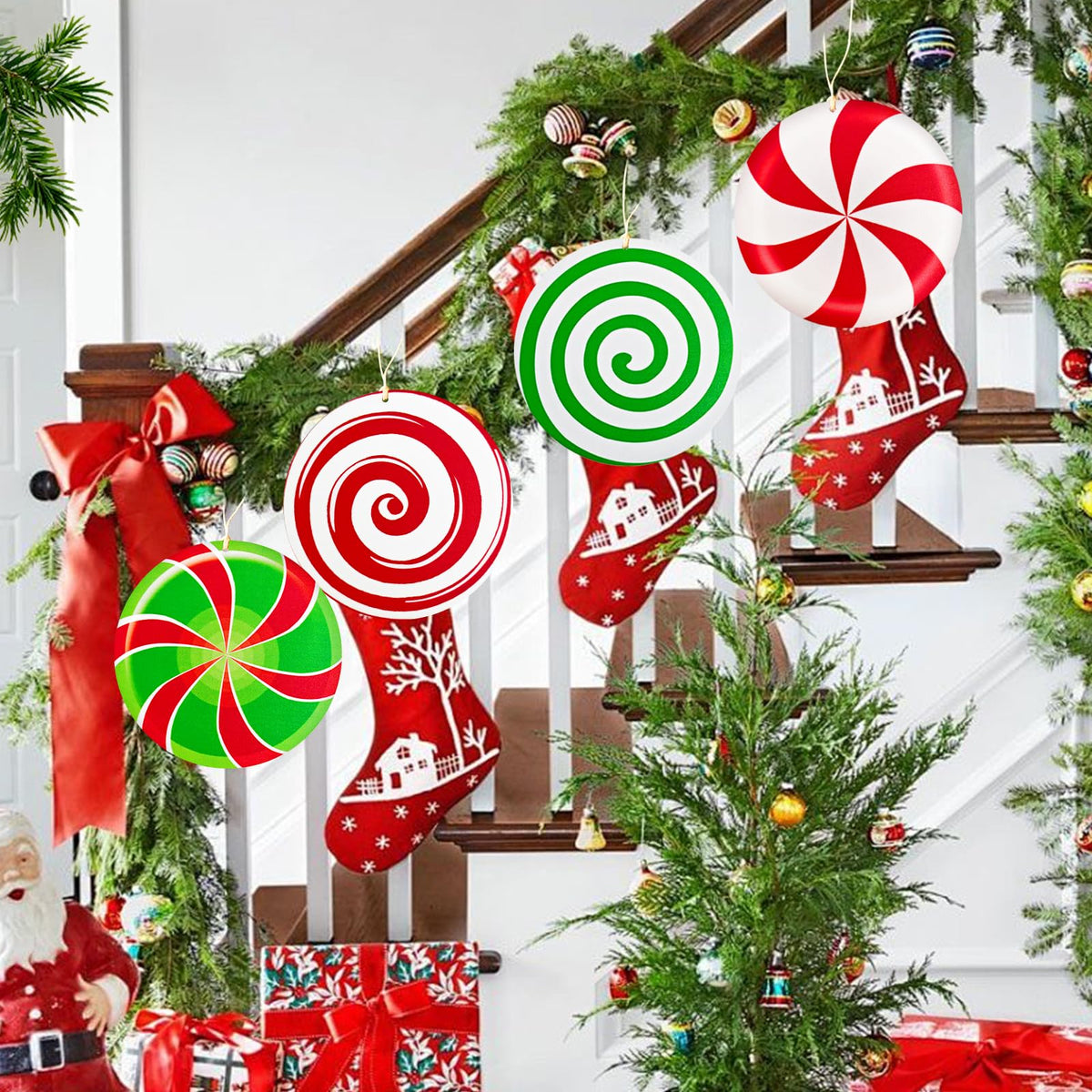 Adornos navideños de madera genéricos con forma de jengibre, grandes, de color rojo y blanco, estilo menta