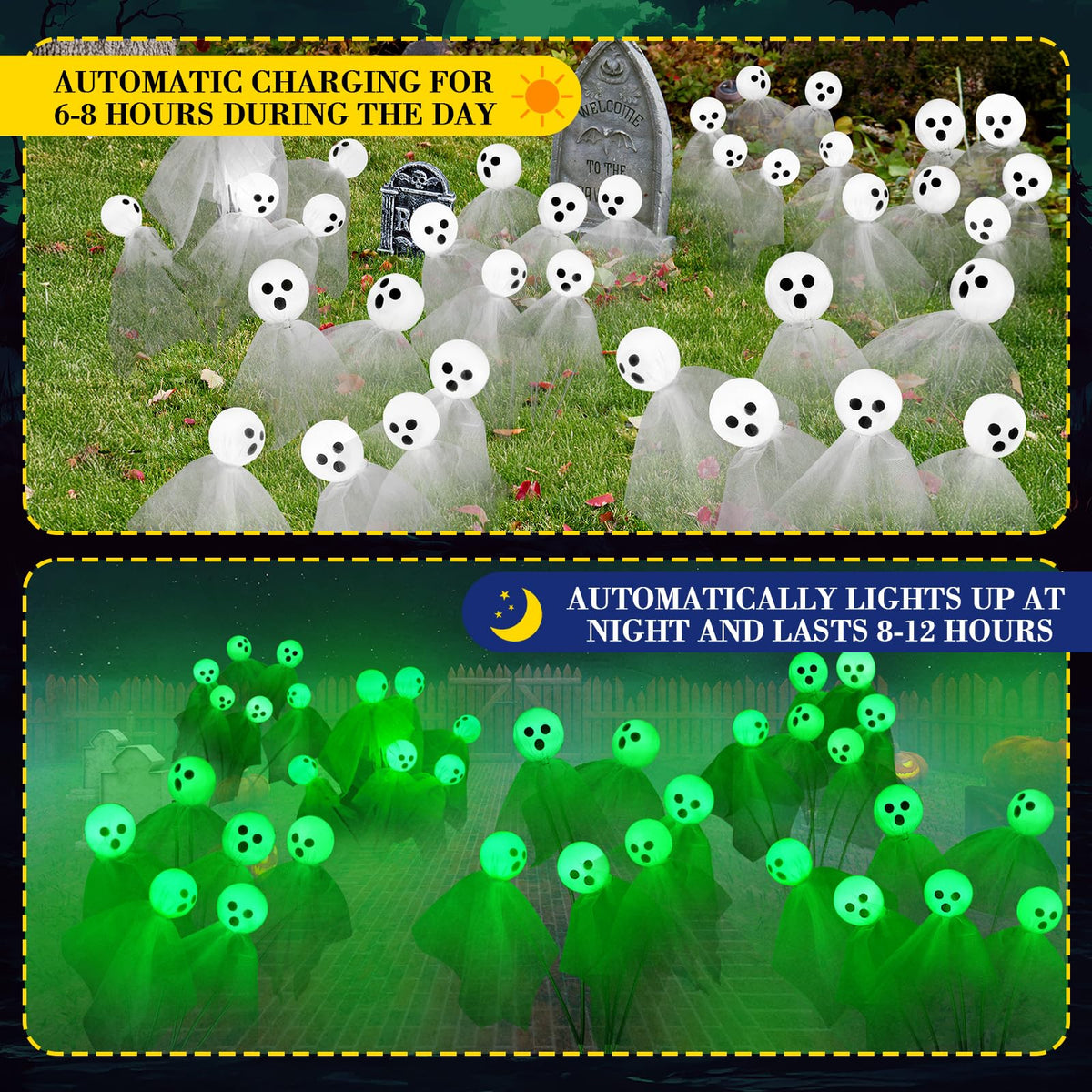 VIHOSE Paquete de 6 luces solares de Halloween para camino, diseño de fantasma, 36 LED, color verde, para exteriores