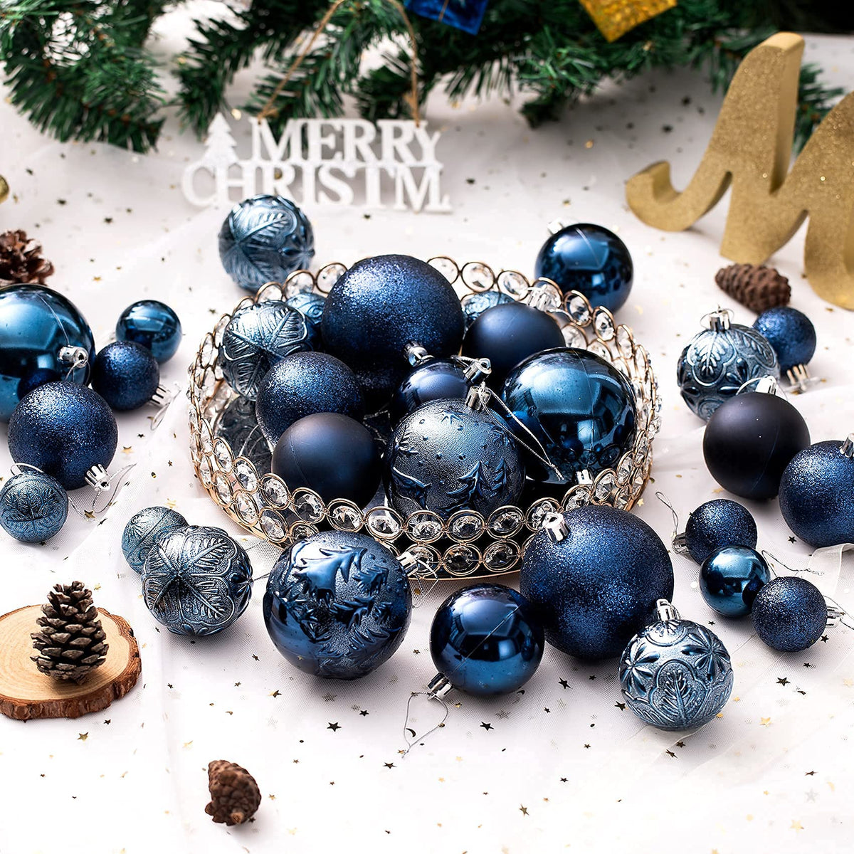 Juego de 32 adornos navideños irrompibles Senjie color azul noche, de plástico