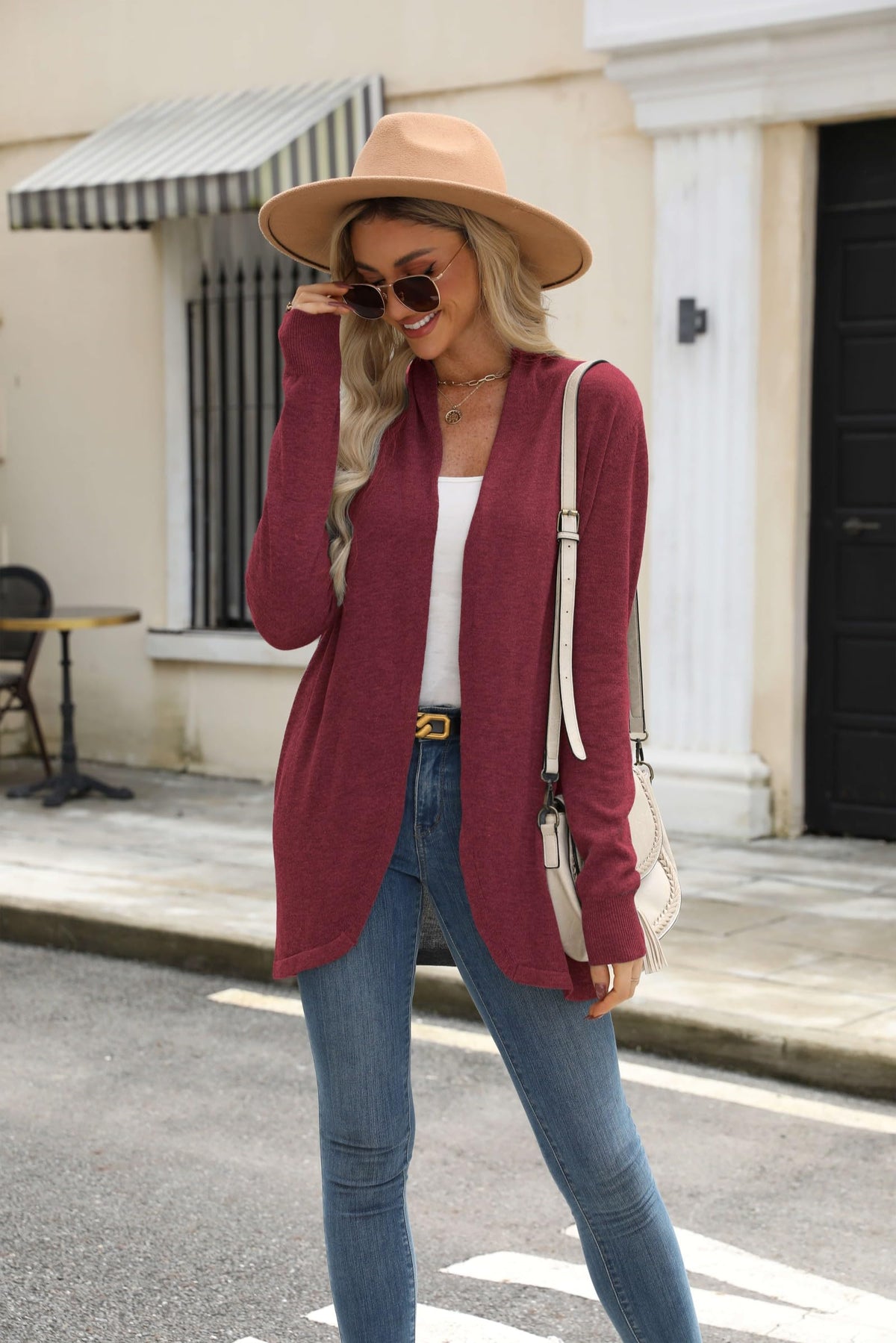 Cárdigan de punto ligero con frente abierto para mujer Vanfany, color burdeos, talla XL