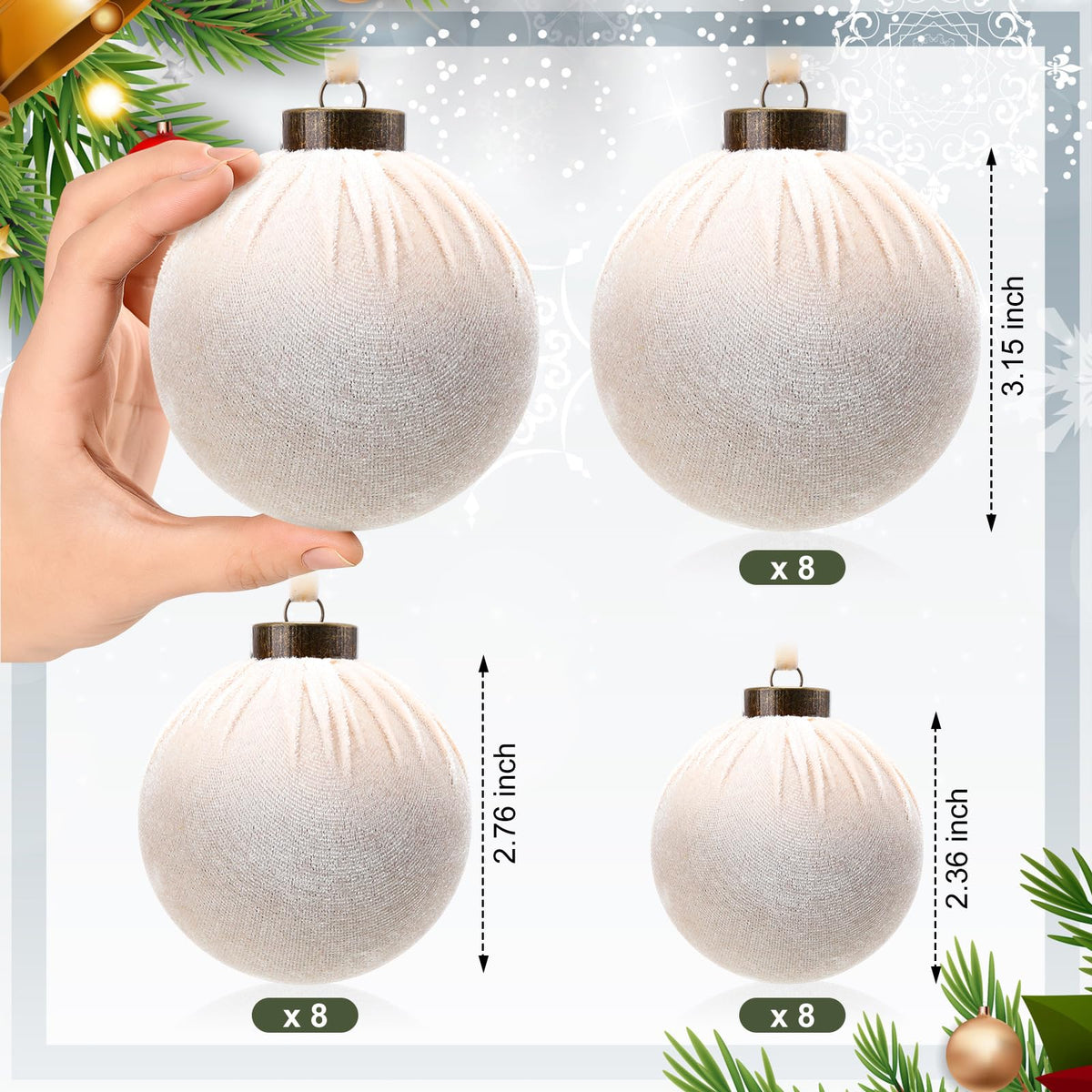 HyDren 24 piezas de esferas navideñas de terciopelo beige inastillables de 3.15, 2.76 y 2.36 pulgadas