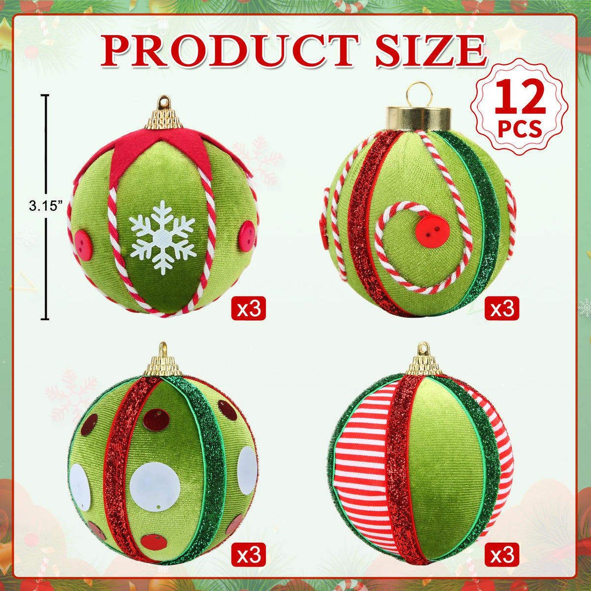 Juego de 12 adornos navideños de terciopelo SUPREME, 80 mm, verde, rojo y blanco