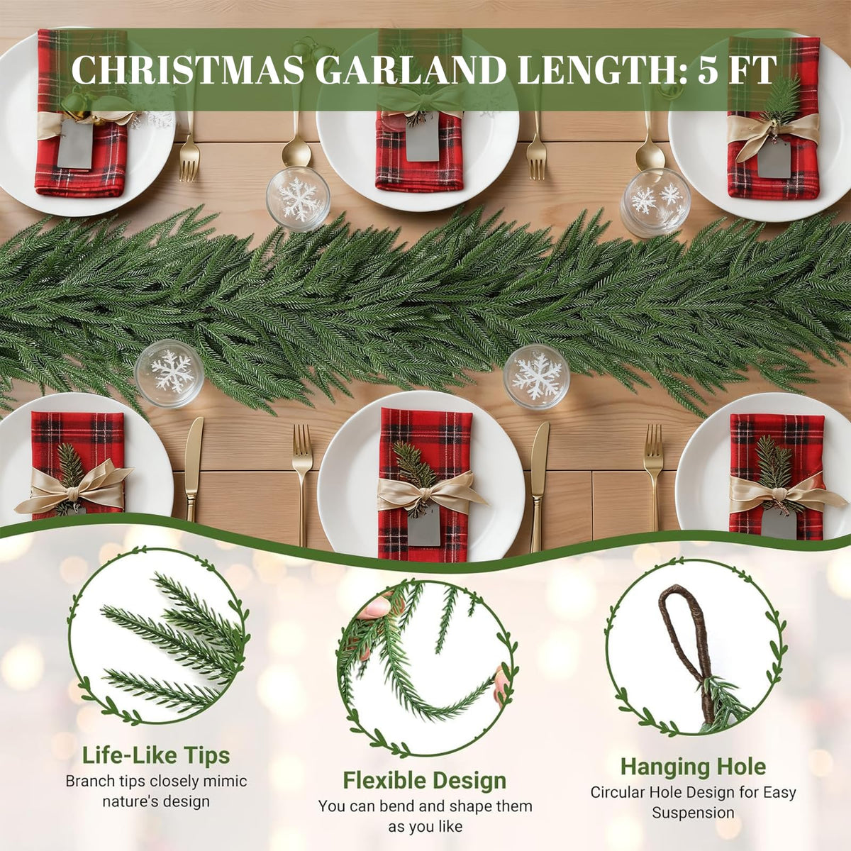 Guirnalda de pino Norfolk artificial GDENZL de 5 pies, decoración navideña de imitación, tamaño 5 pies