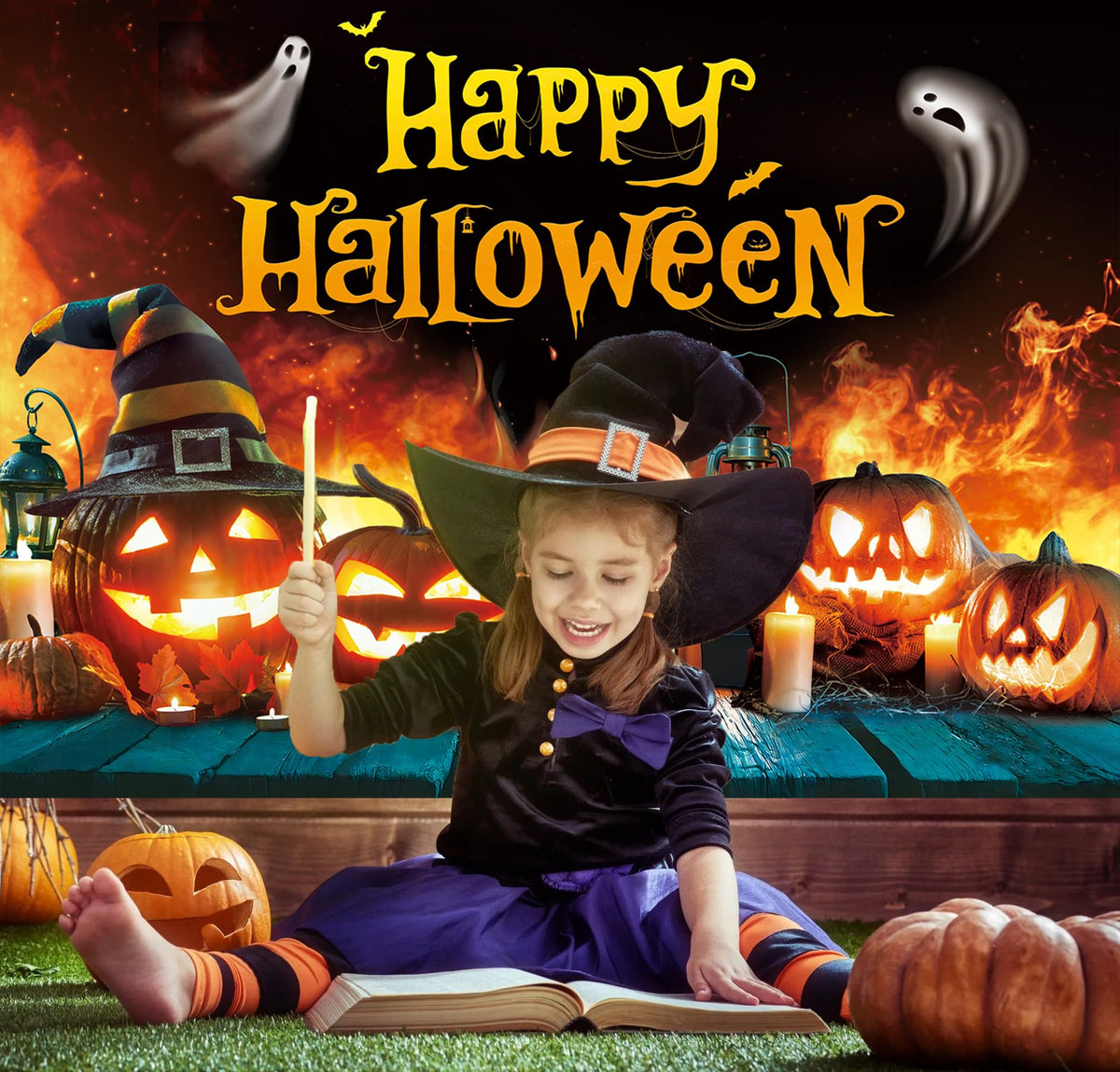 Telón de fondo de Halloween con fantasma, calabaza, llama y casa encantada, pancarta para fiesta de 6x4 pies