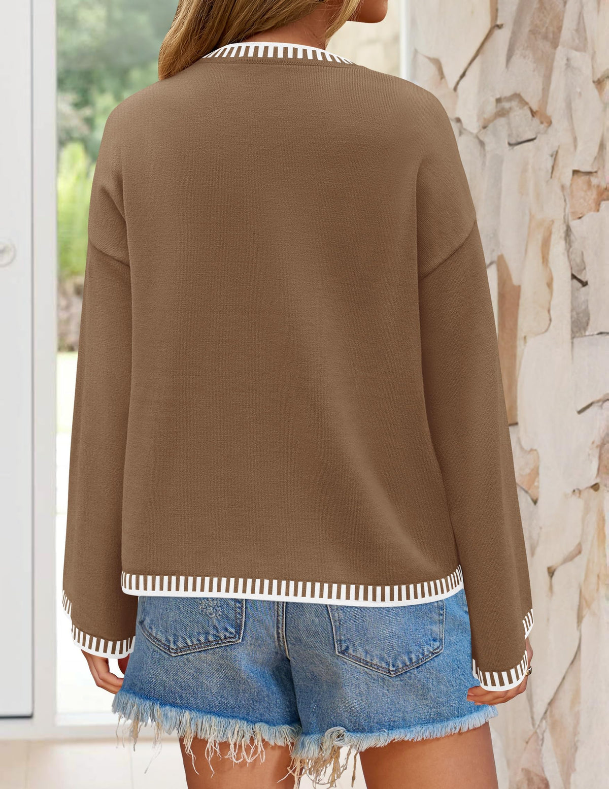 Suéter de punto acanalado de corte amplio ZESICA para mujer, cuello redondo, color marrón, talla S
