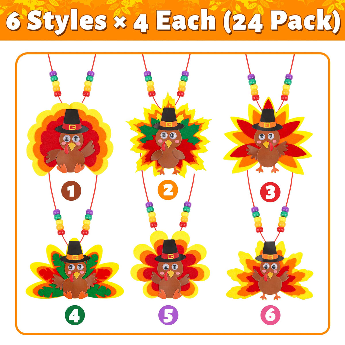 Kits de manualidades de collares de pavo de Acción de Gracias Huyamap, paquete de 24, estilo colorido 1