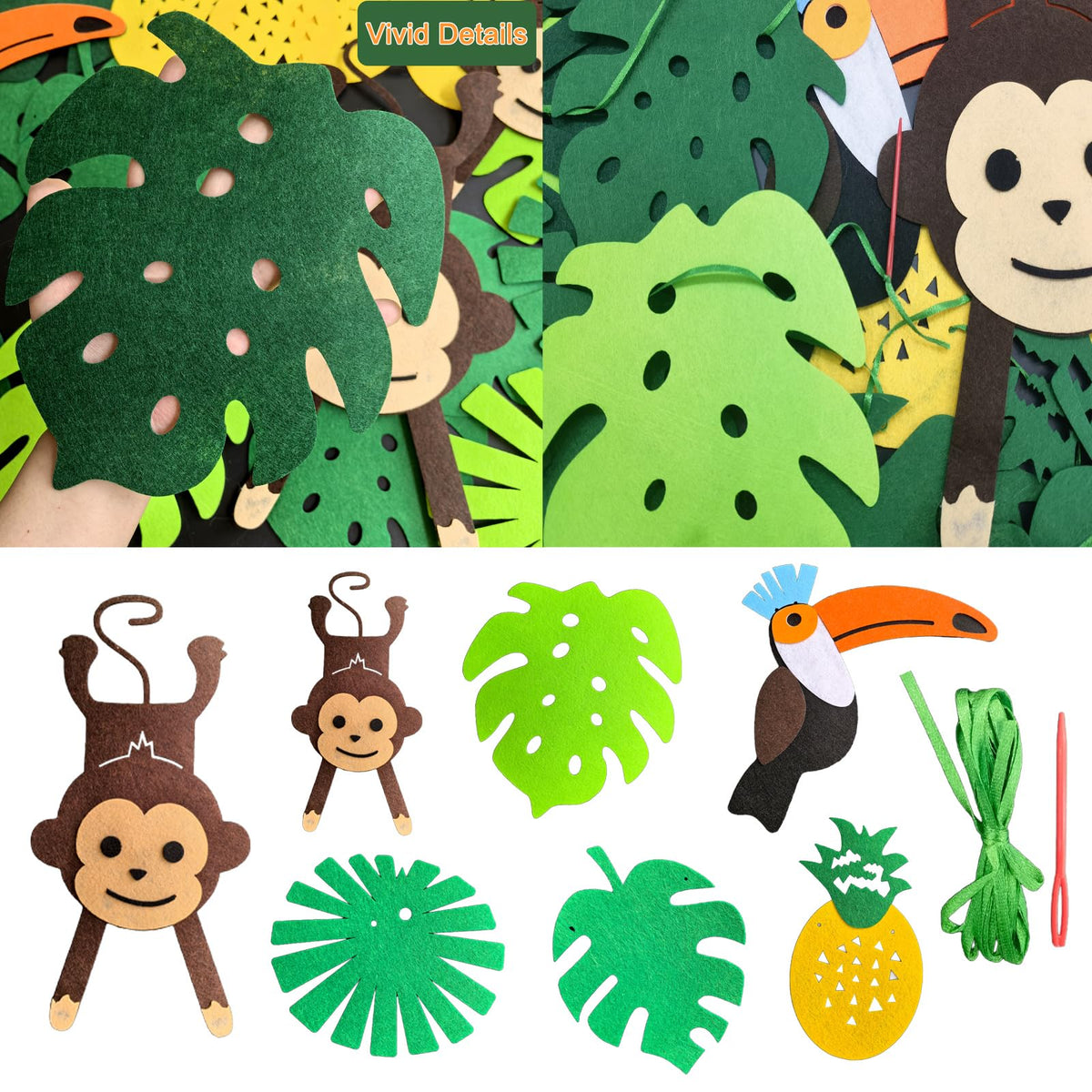 Set de decoración de fieltro navideño de la selva Leyhooney con tucán, mono y hoja de palma tropical