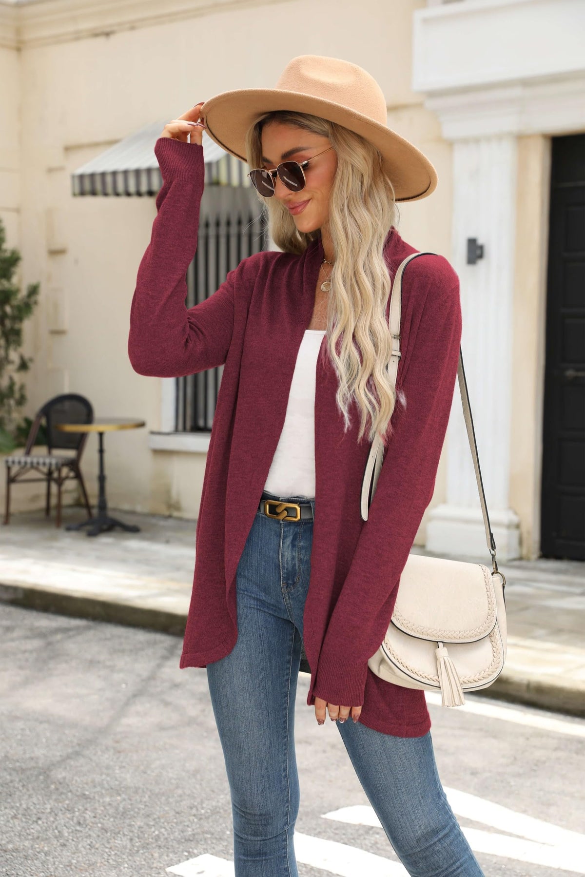 Cárdigan de punto ligero con frente abierto para mujer Vanfany, color burdeos, talla XL