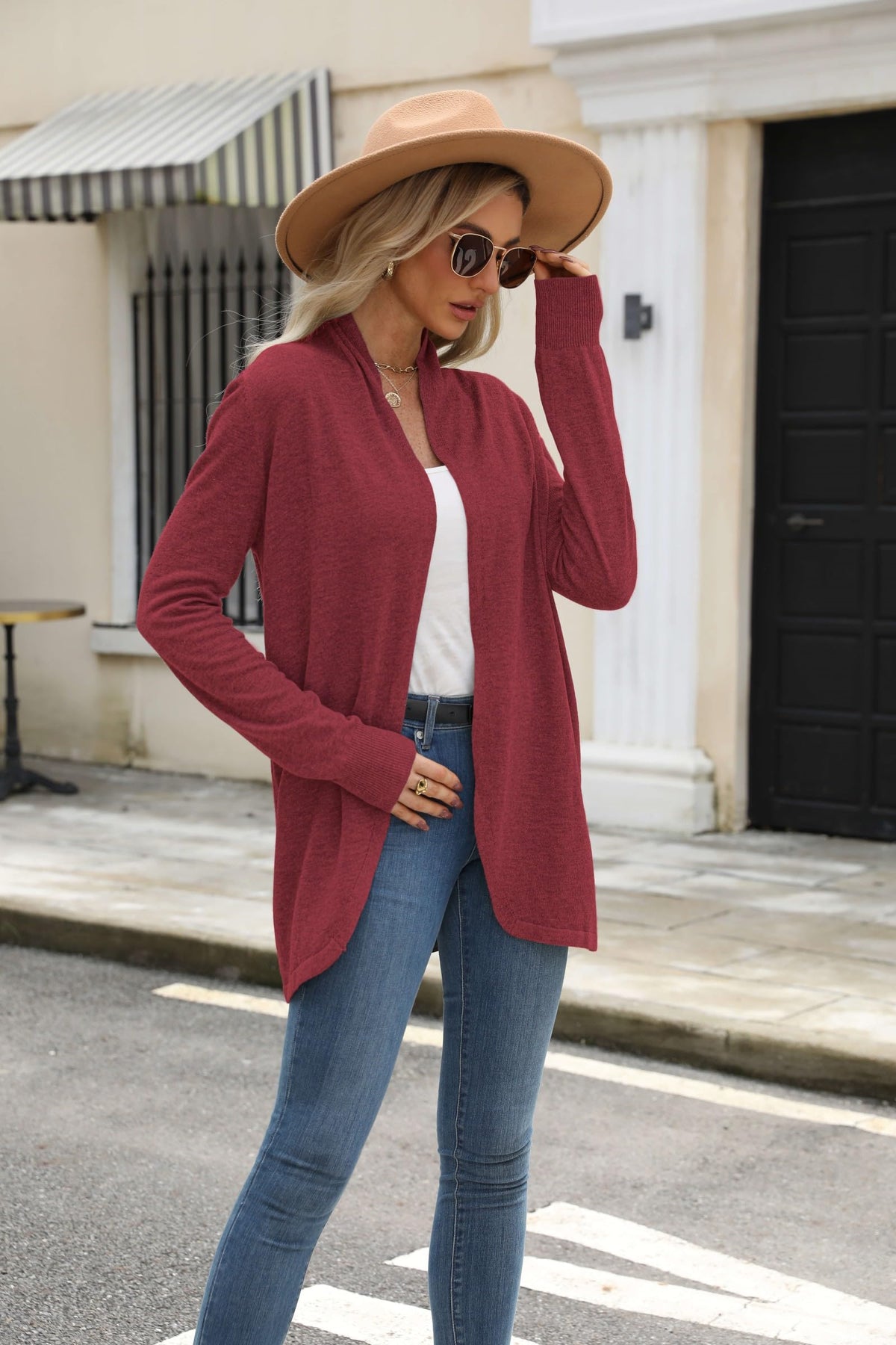 Cárdigan de punto ligero con frente abierto para mujer Vanfany, color burdeos, talla XL