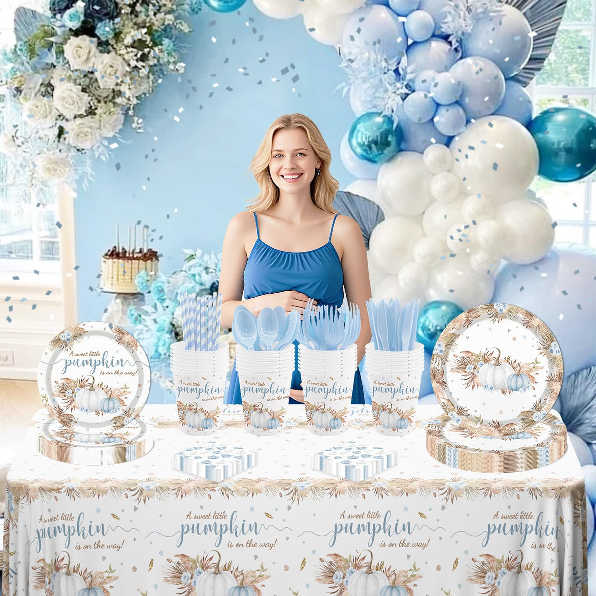 Set de vajilla de 193 piezas para baby shower de calabaza azul MEHOFOND