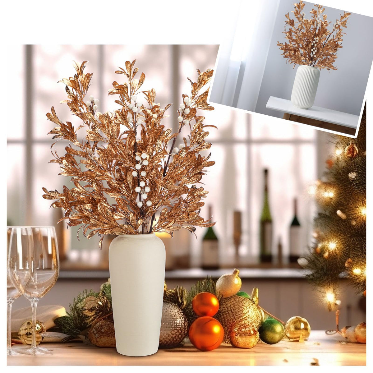 Giegxin, paquete de 3 adornos de Navidad de hojas doradas de 30 pulgadas con bayas blancas