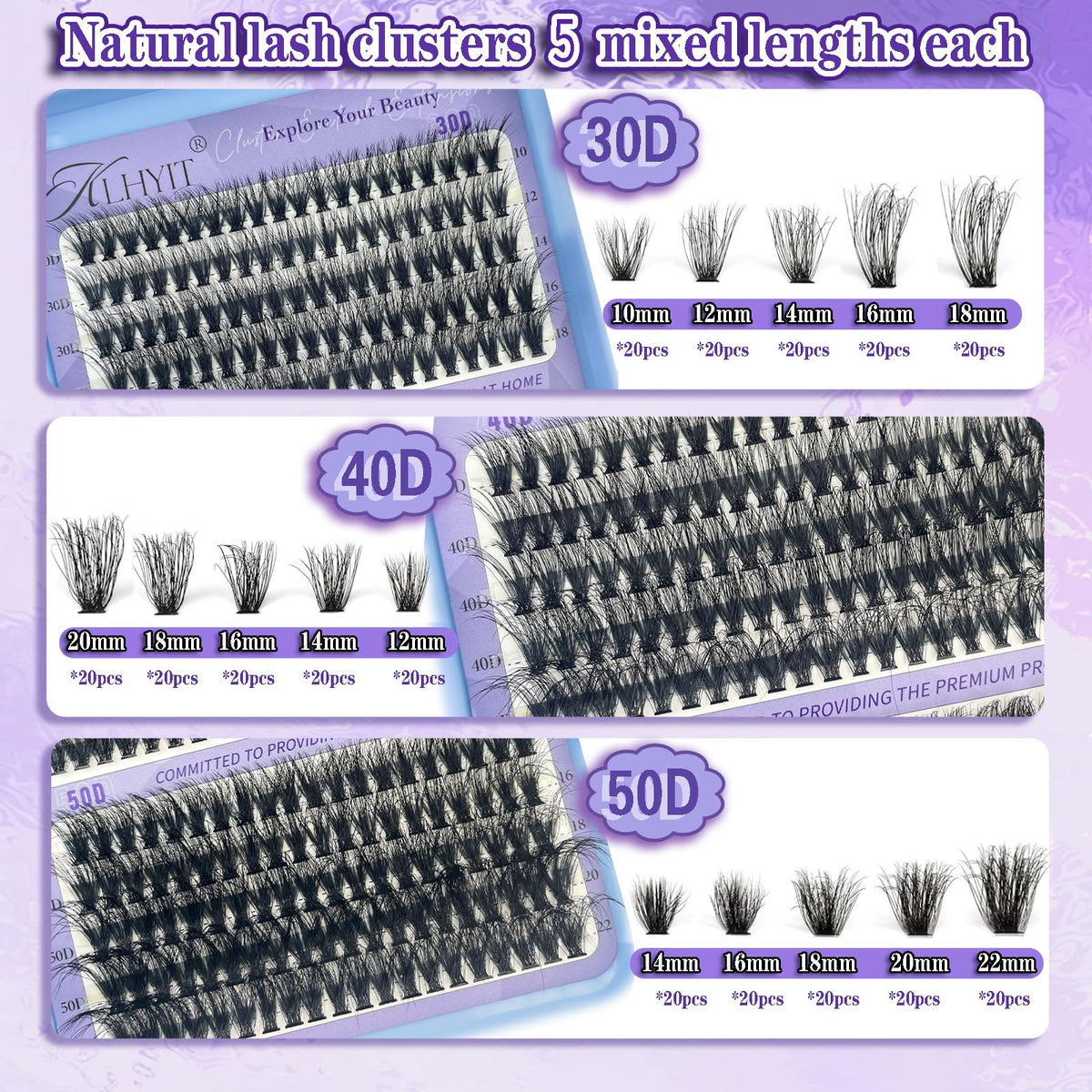 KLHYIT Racimos de pestañas Wispy 300 piezas 10-22mm mezcladas D C 30D-50D extensiones de pestañas