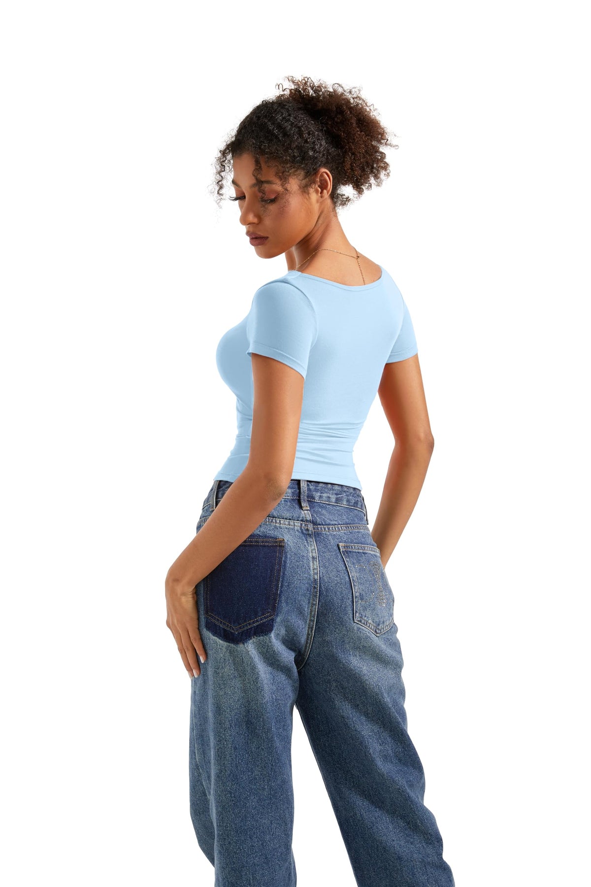 SUUKSESS Women Off Shoulder Cowl Neck Short Sleeve Top Light Blue Size M