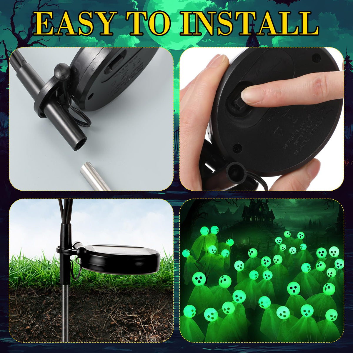 VIHOSE Paquete de 6 luces solares de Halloween para camino, diseño de fantasma, 36 LED, color verde, para exteriores