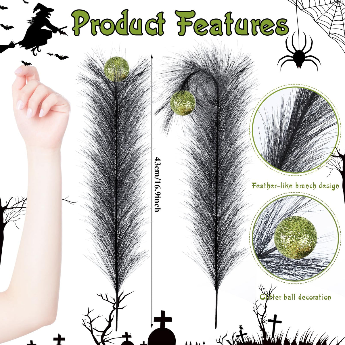 EYNDYN 15 piezas, adorno para árbol de Navidad de plumas negras de 17'', color verde