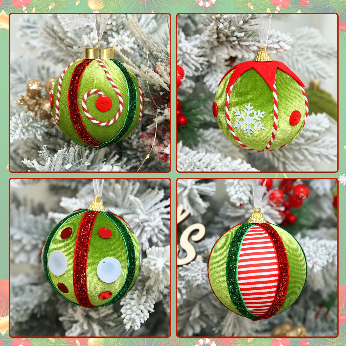 Juego de 12 adornos navideños de terciopelo SUPREME, 80 mm, verde, rojo y blanco