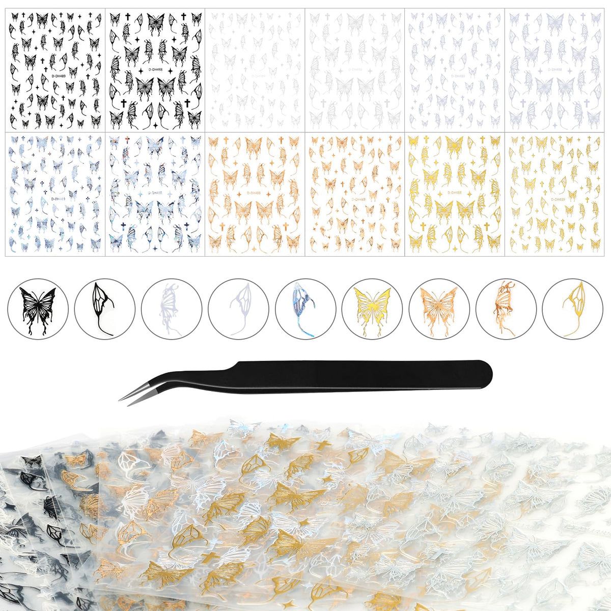 Kikonoke 12 hojas de pegatinas láser para uñas con diseño de mariposa, calcomanías 3D en blanco, plateado y dorado