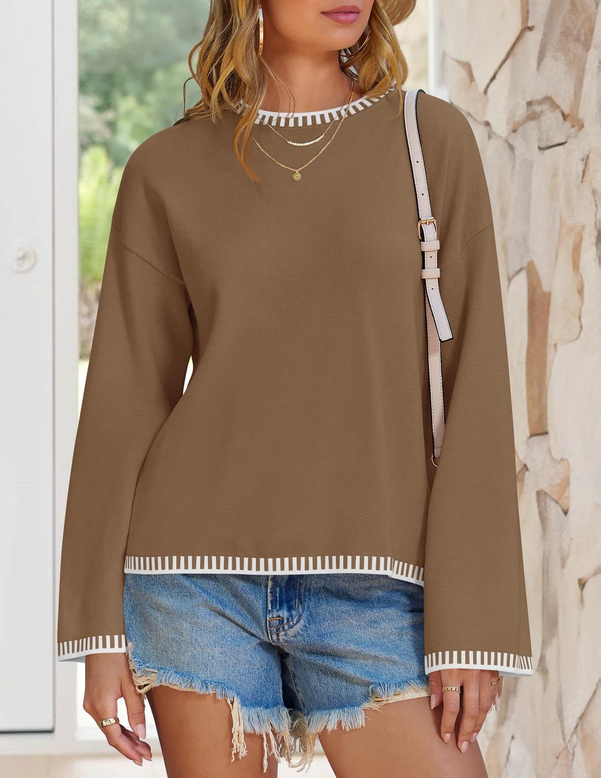 Suéter de punto acanalado de corte amplio ZESICA para mujer, cuello redondo, color marrón, talla S