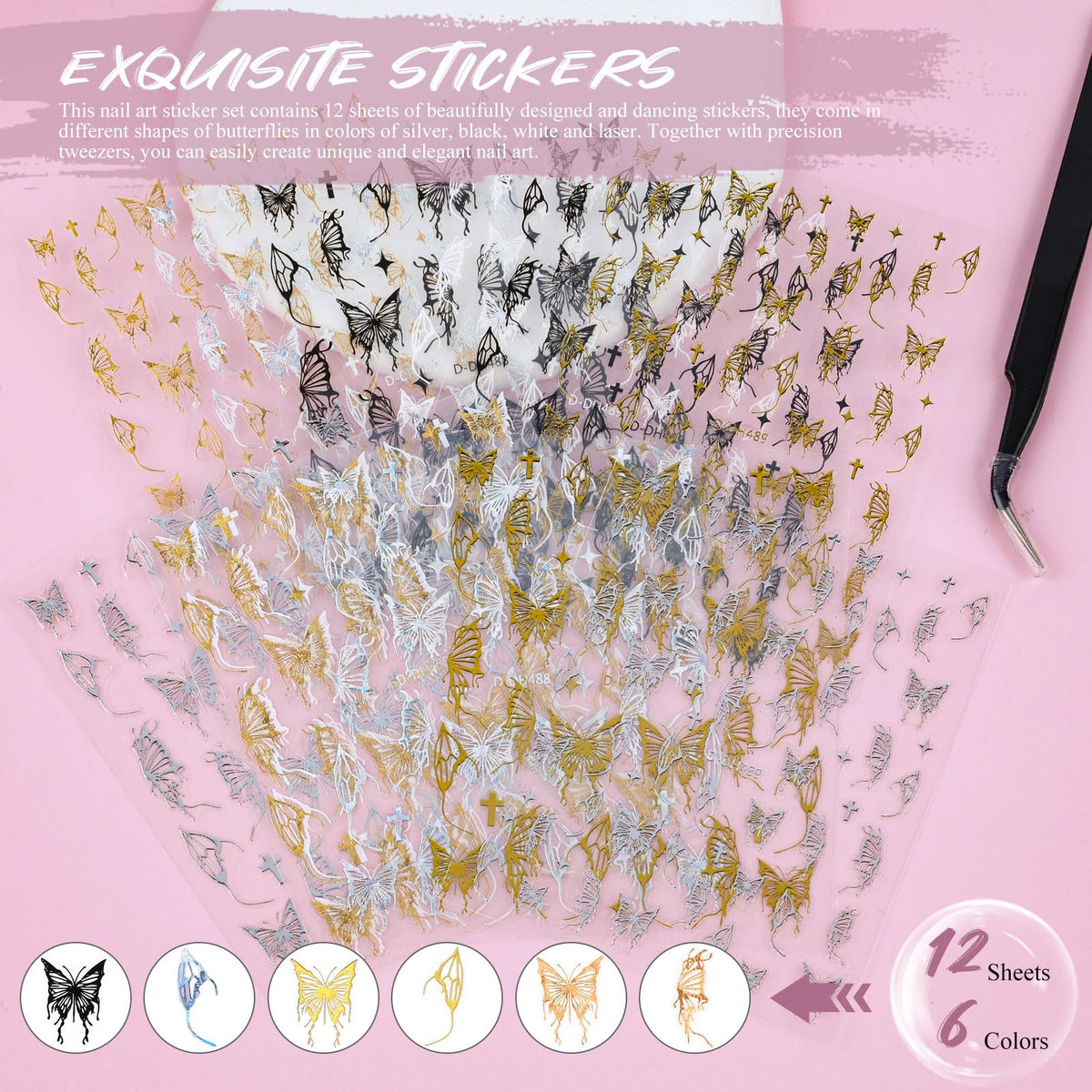 Kikonoke 12 hojas de pegatinas láser para uñas con diseño de mariposa, calcomanías 3D en blanco, plateado y dorado