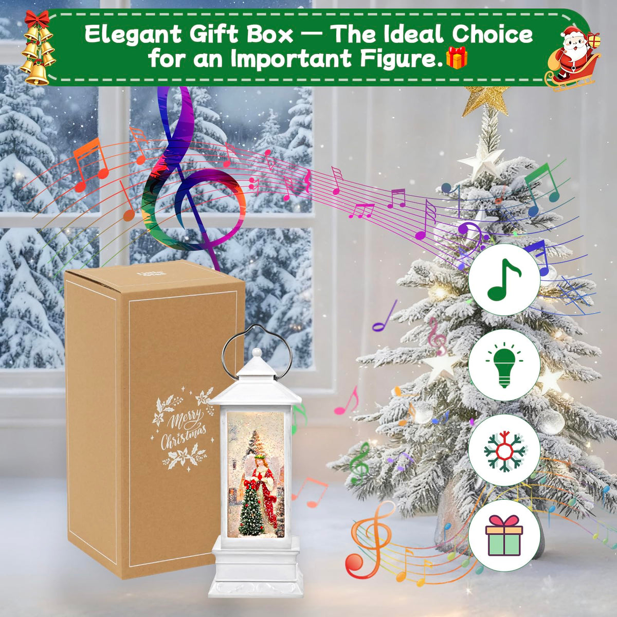 Linterna navideña LED Little Glee con música, decoración festiva de resina para árbol con ángel