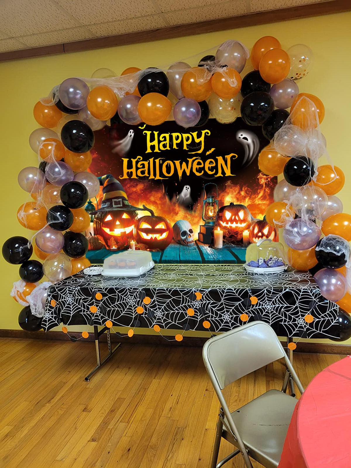 Telón de fondo de Halloween con fantasma, calabaza, llama y casa encantada, pancarta para fiesta de 6x4 pies