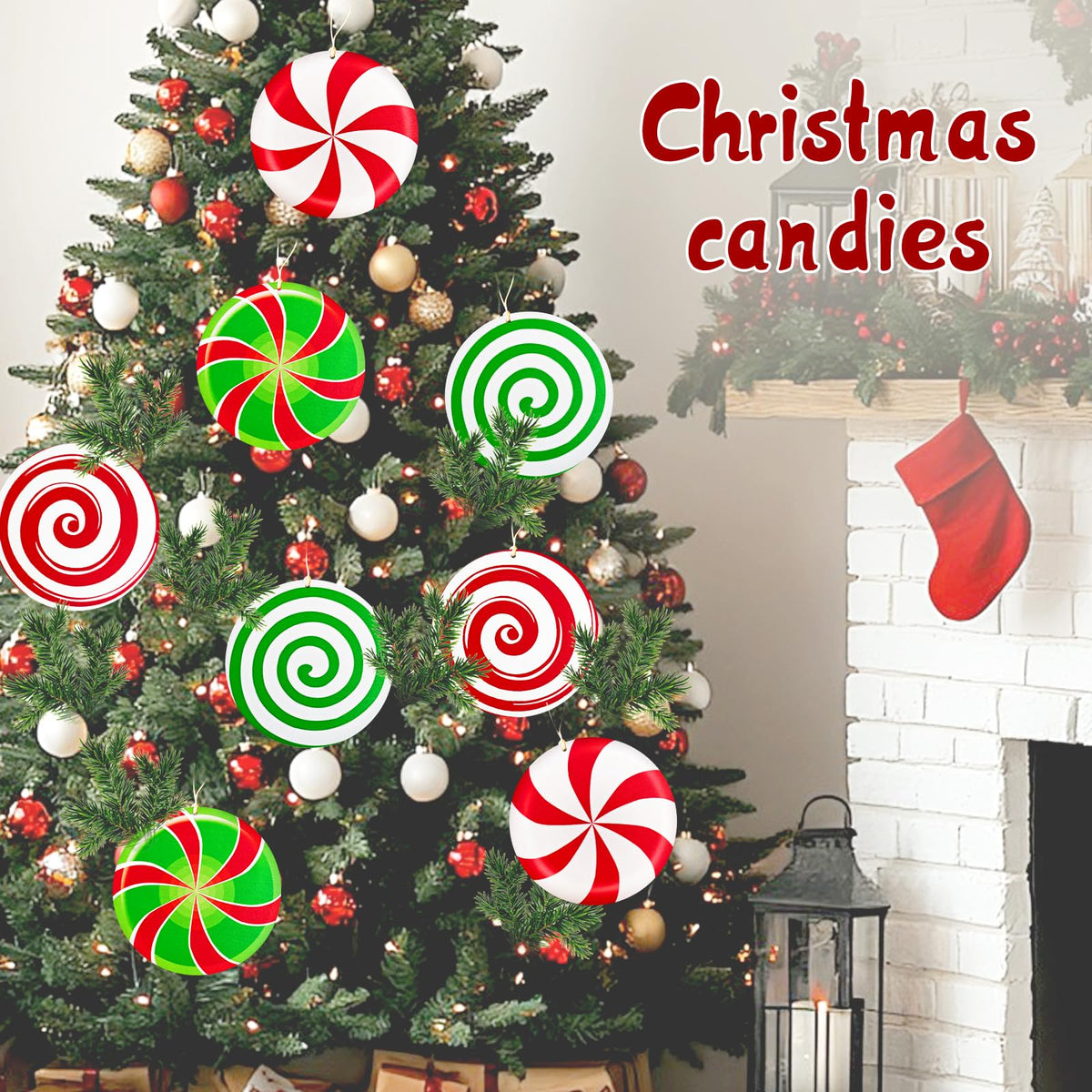 Adornos navideños de madera genéricos con forma de jengibre, grandes, de color rojo y blanco, estilo menta