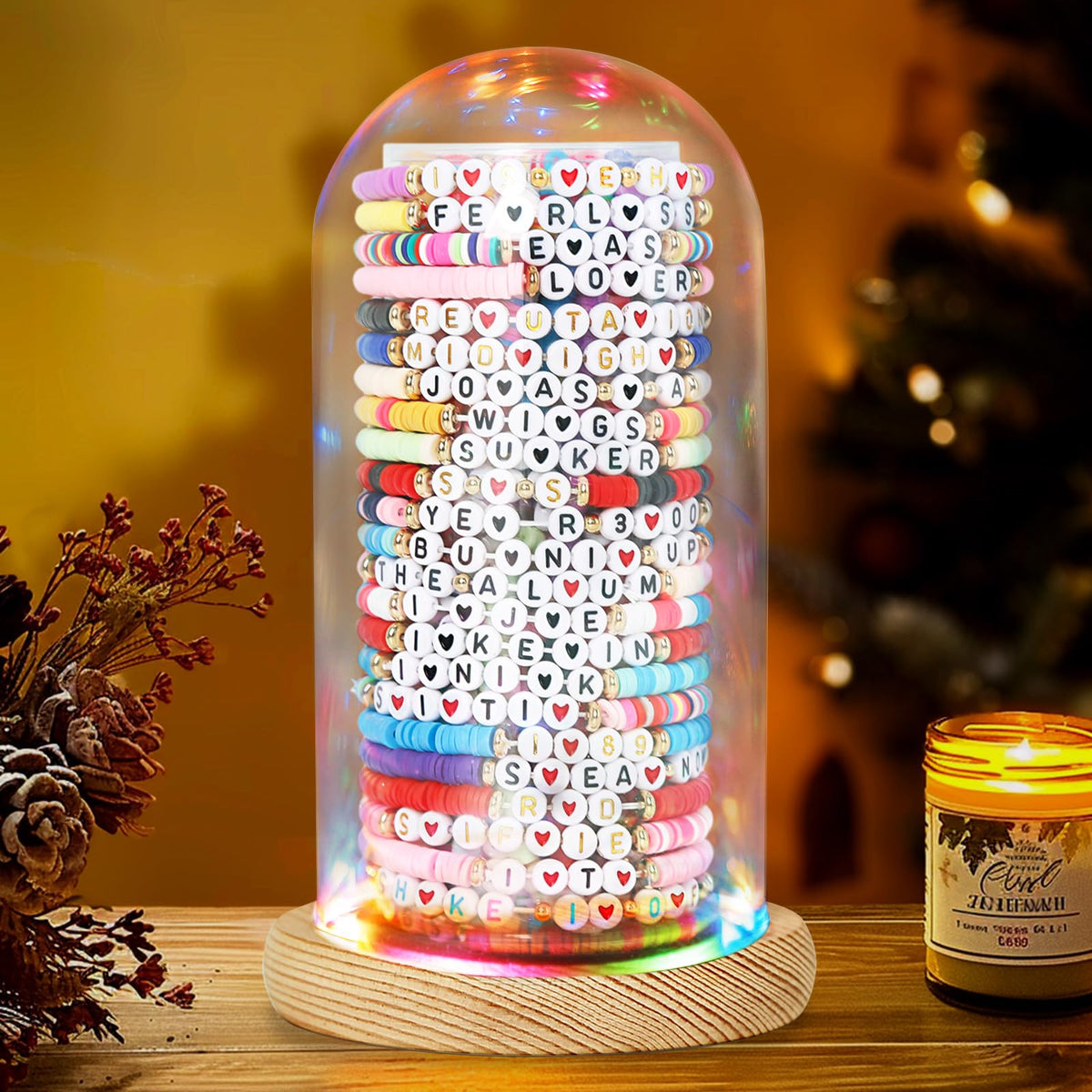 Organizador de pulseras de la amistad Aolamegs con luces y base de madera rústica transparente