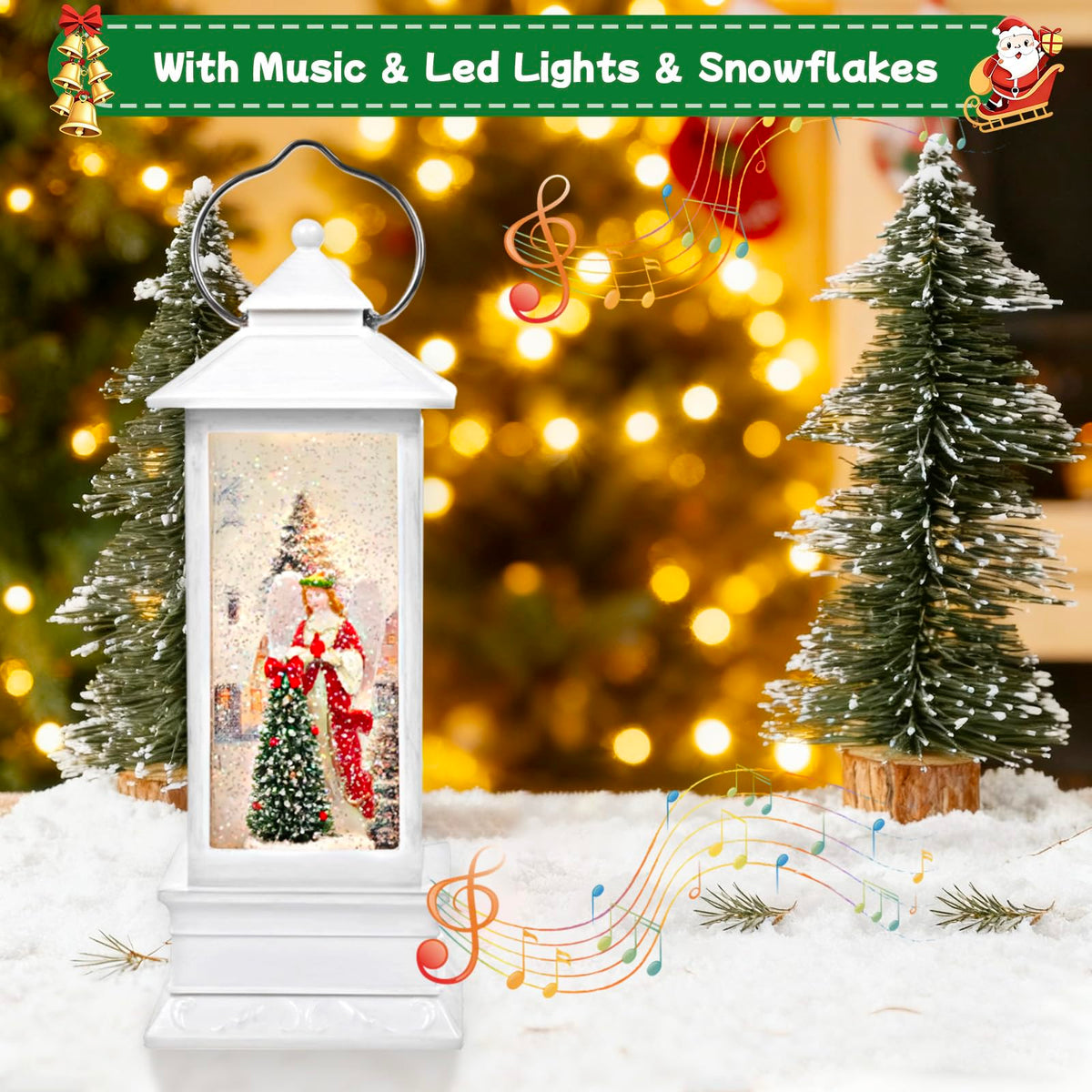 Linterna navideña LED Little Glee con música, decoración festiva de resina para árbol con ángel
