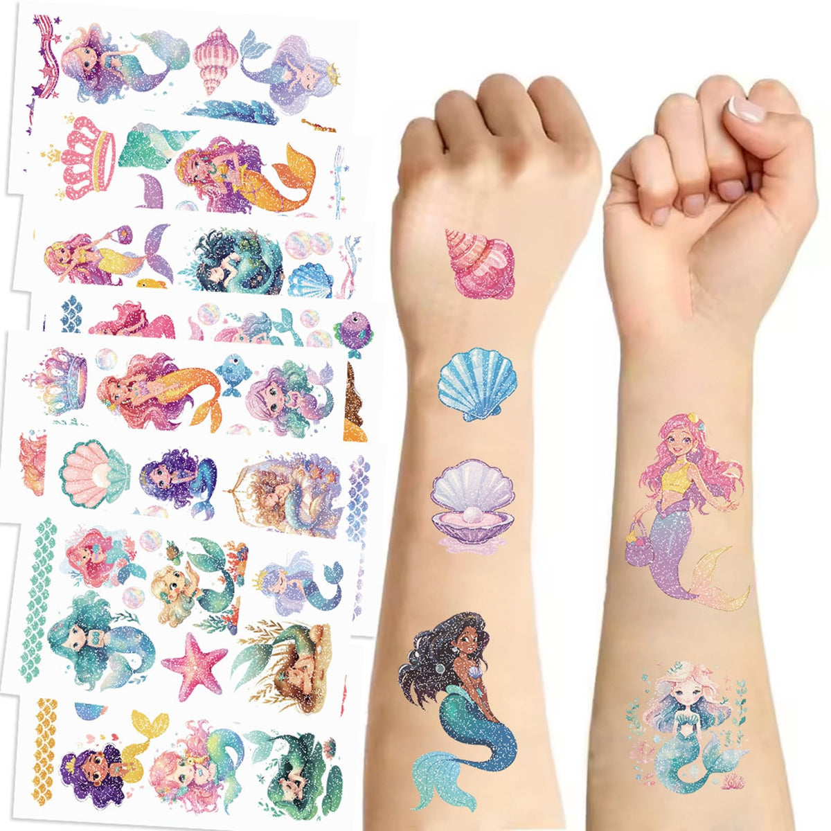 SBOBUY 10 hojas de tatuajes temporales de sirena amarillos para fiestas de cumpleaños
